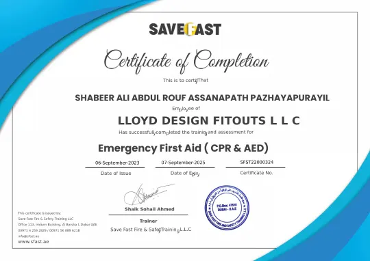 Shabeer Ali First Aid Certificate